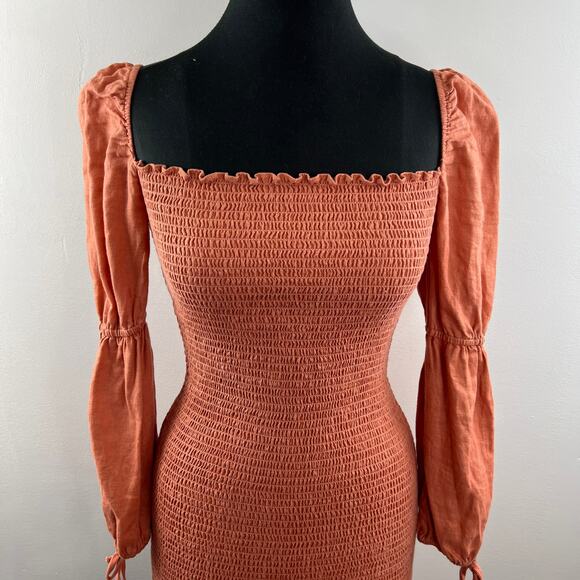 Reformation Hilary Coral Mini Smocked Dress Linen Square Double Puff Sleeves L - Picture 5 of 10